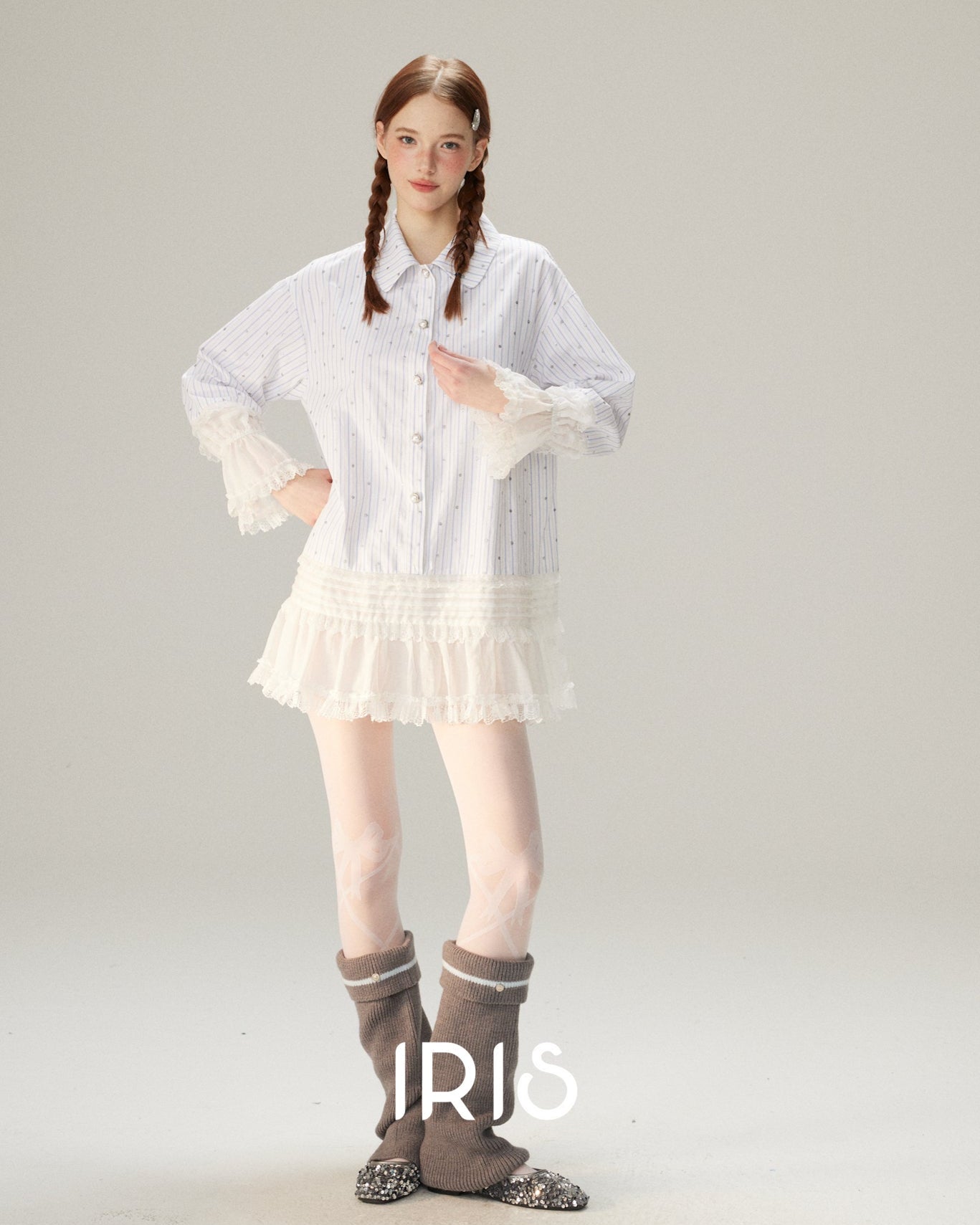 Tiered Lace Ruffle Shirt Dress - Cloud White & Heritage Stripe