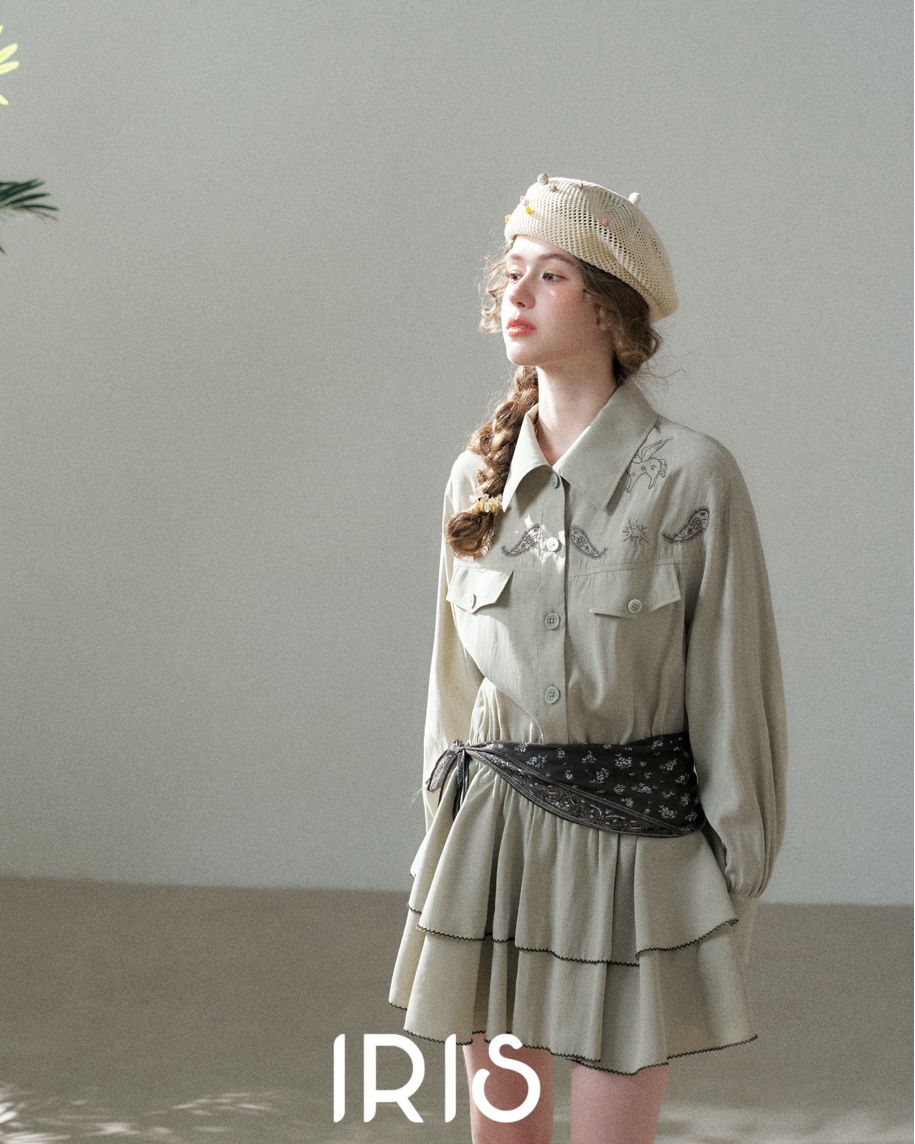 Embroidered Waist Tie Shirt Dress – Grey