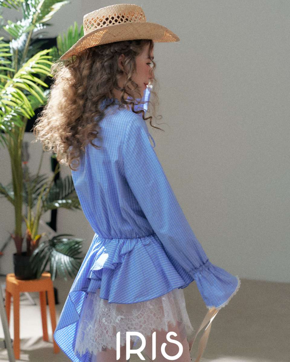 Soft Blue Asymmetric Ruffle Shirt Dress