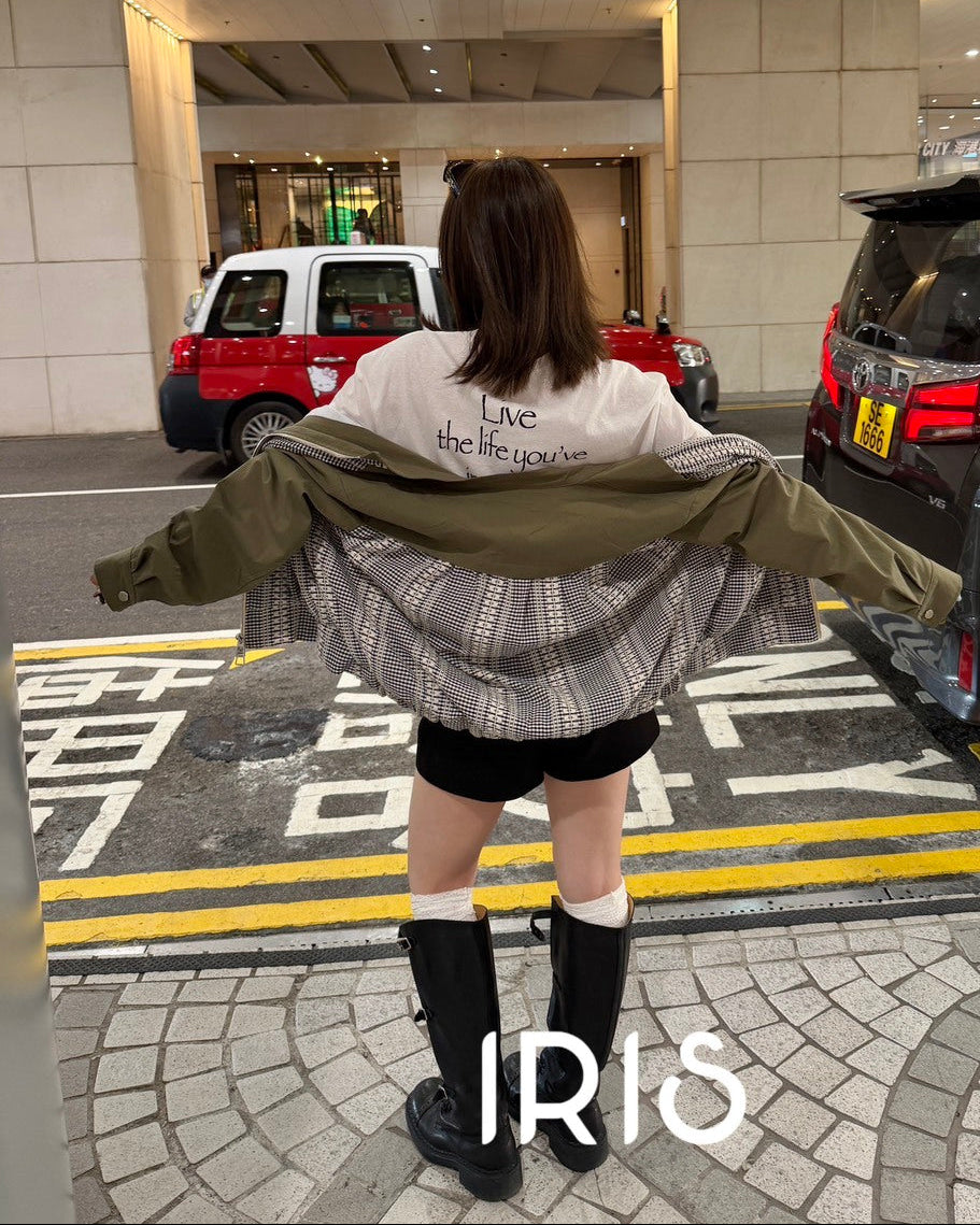 Vacation in HK |Original Design IRIS BOUTIQUE Army Green Casual Diary Contrast Zip Jacket