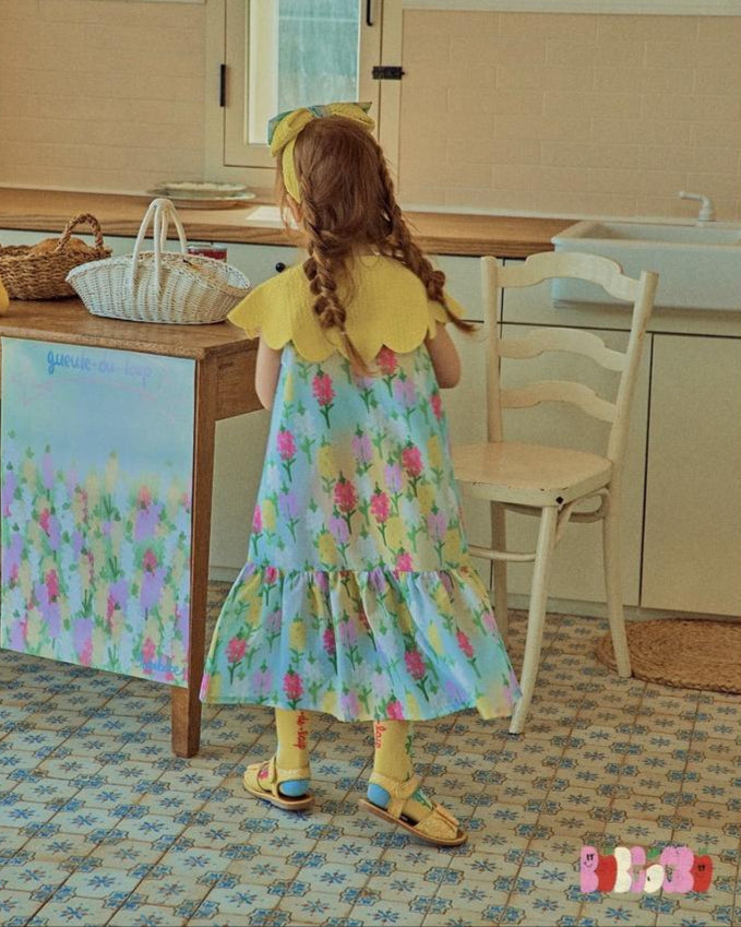 Floral Meadow Scalloped Dress - Sky Blue & Zesty Lemon