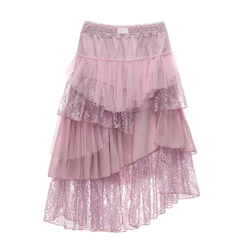 Layered Lace Patchwork Skirt – Purple Asymmetric Ruffle Midi