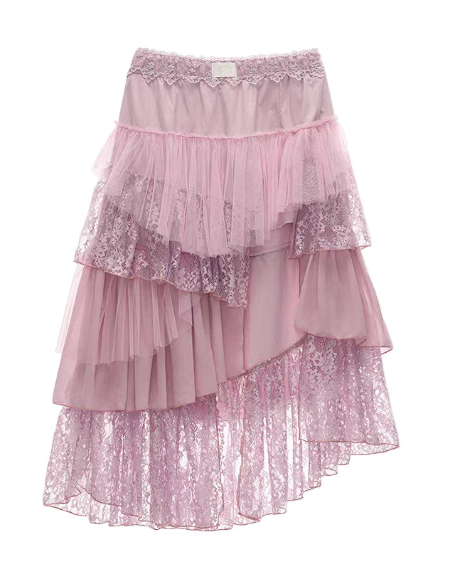 Layered Lace Patchwork Shirt & Skirt – Purple Asymmetric Ruffle Midi