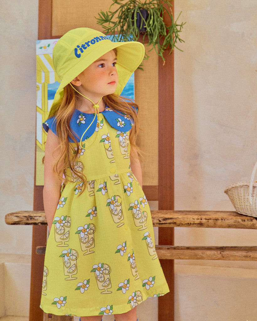 Lemon Floral Dress – Summer Sleeveless Dress with Blue Petal Collar