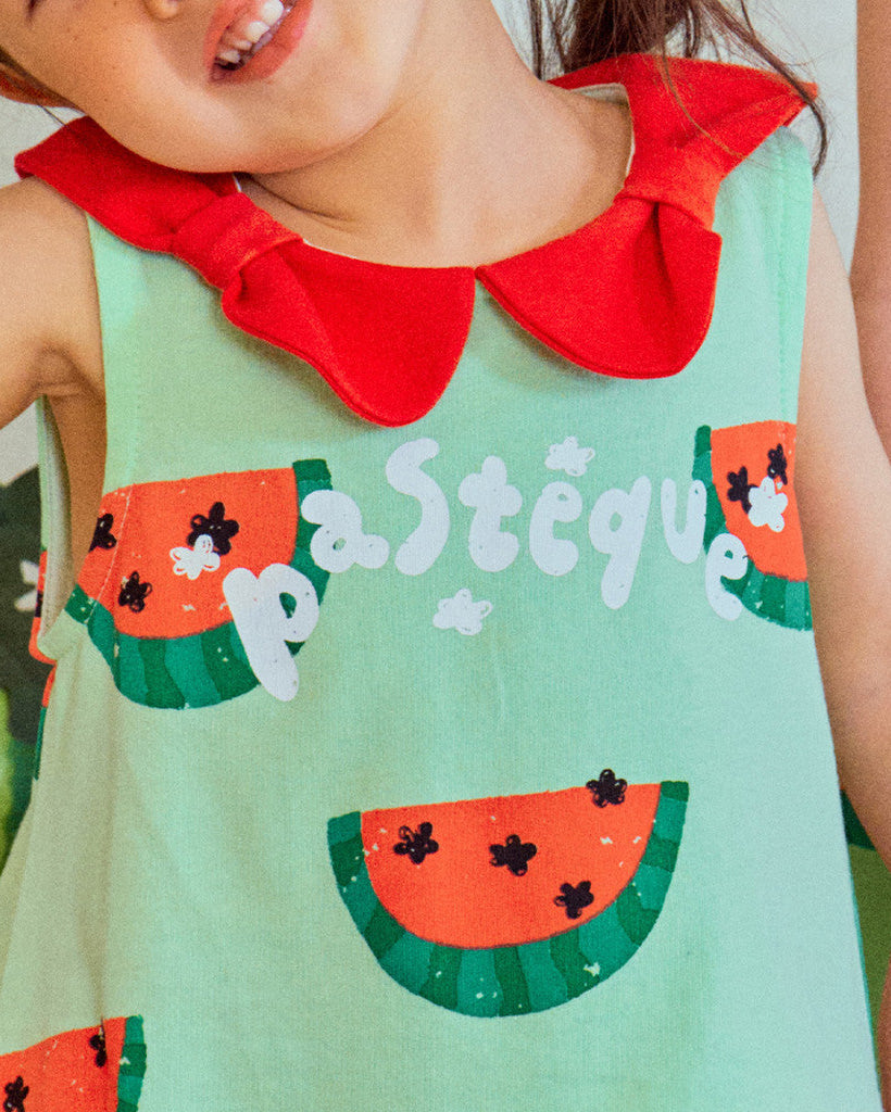 Girls Watermelon Print Dress – Summer Sleeveless Dress with Red Bow Collar