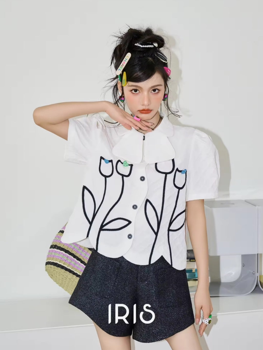 Floral Embroidered White Short-Sleeve Blouse – Cute Tulip Button Shirt