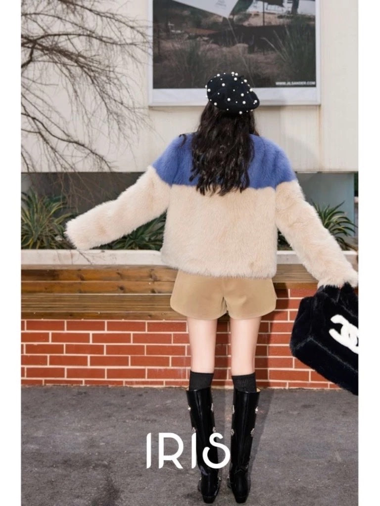 Two-Tone Faux Fur Coat – Soft Blue & Cream Winter Jacket