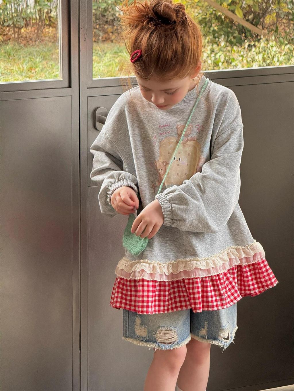 Teddy Sweetheart Gingham Ruffle Sweatshirt - Heather Grey