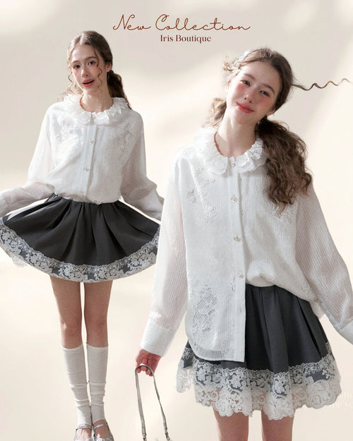 Sweet Lace Detail Shirt Skirt Set