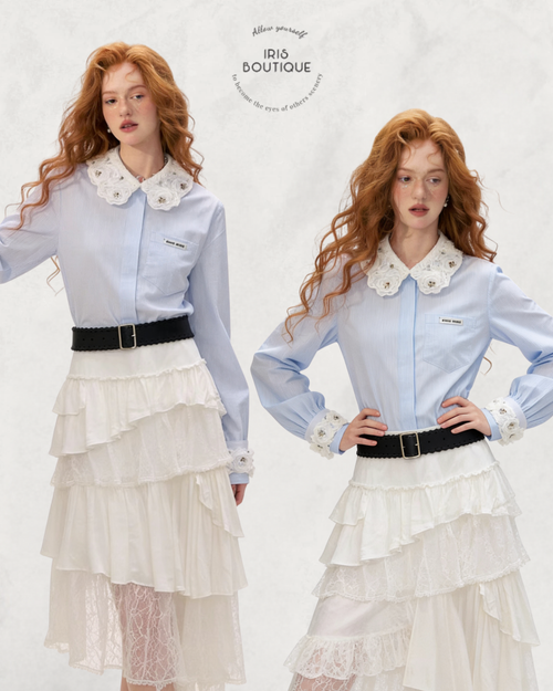 Avero Floral Lace Collar Shirt & Layered Skirt Set