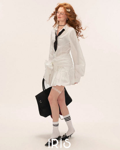 Draped Waist Ruffle Hem Shirt Dress