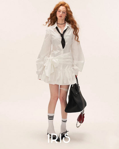 Draped Waist Ruffle Hem Shirt Dress