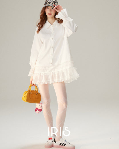 Tiered Lace Ruffle Shirt Dress - Cloud White & Heritage Stripe