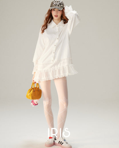 Tiered Lace Ruffle Shirt Dress - Cloud White & Heritage Stripe