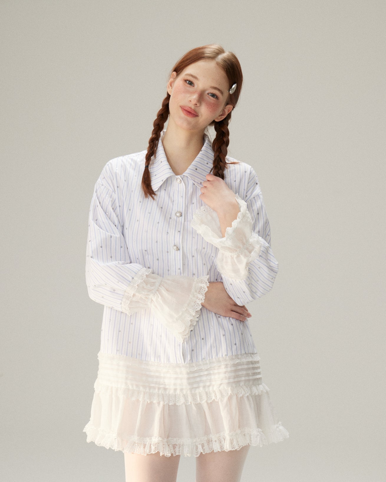 Tiered Lace Ruffle Shirt Dress - Cloud White & Heritage Stripe