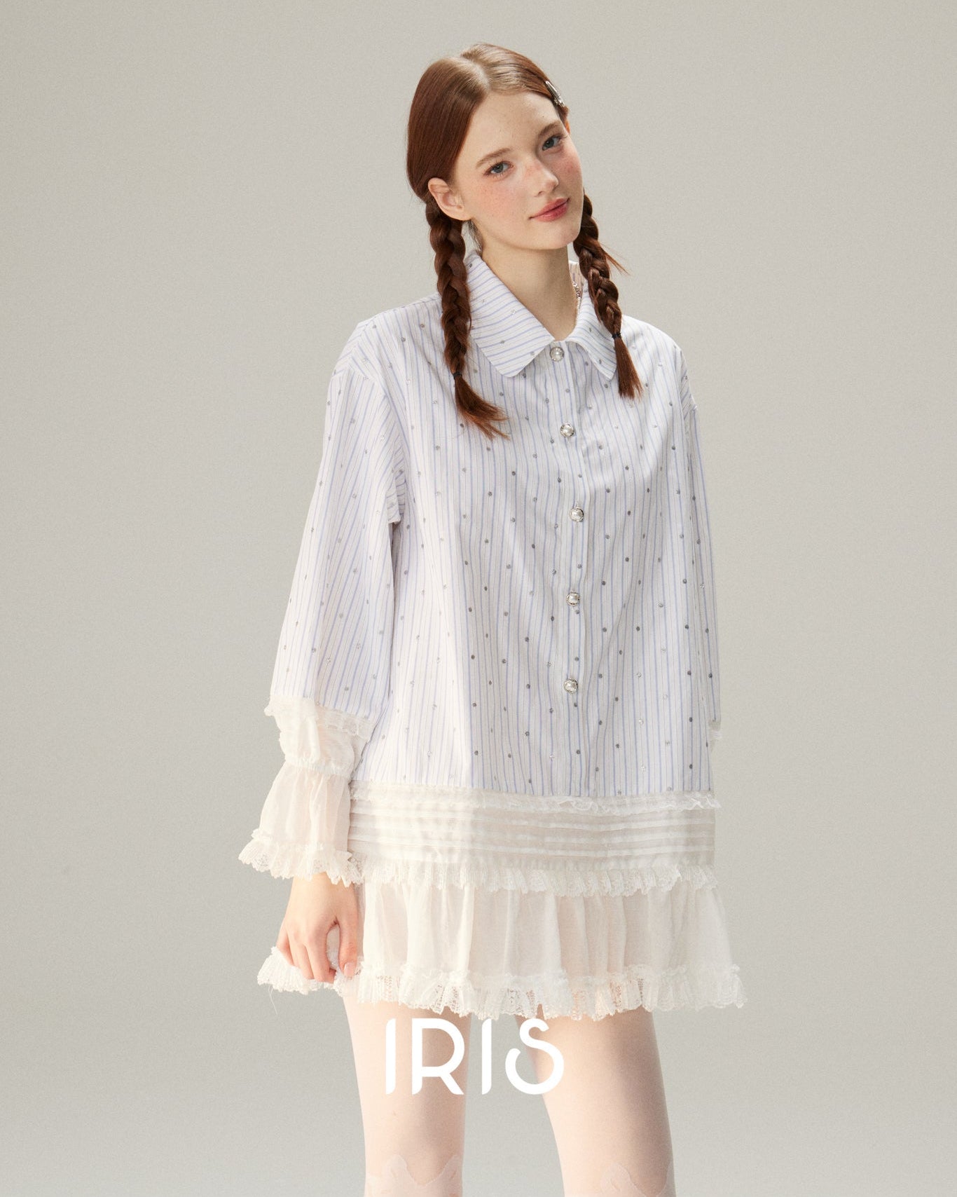 Tiered Lace Ruffle Shirt Dress - Cloud White & Heritage Stripe