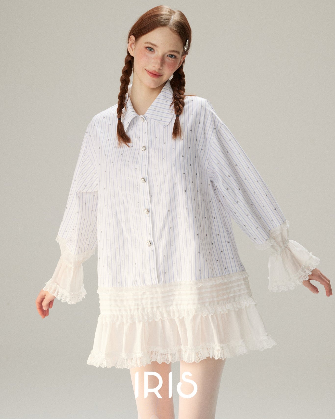 Tiered Lace Ruffle Shirt Dress - Cloud White & Heritage Stripe