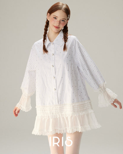 Tiered Lace Ruffle Shirt Dress - Cloud White & Heritage Stripe