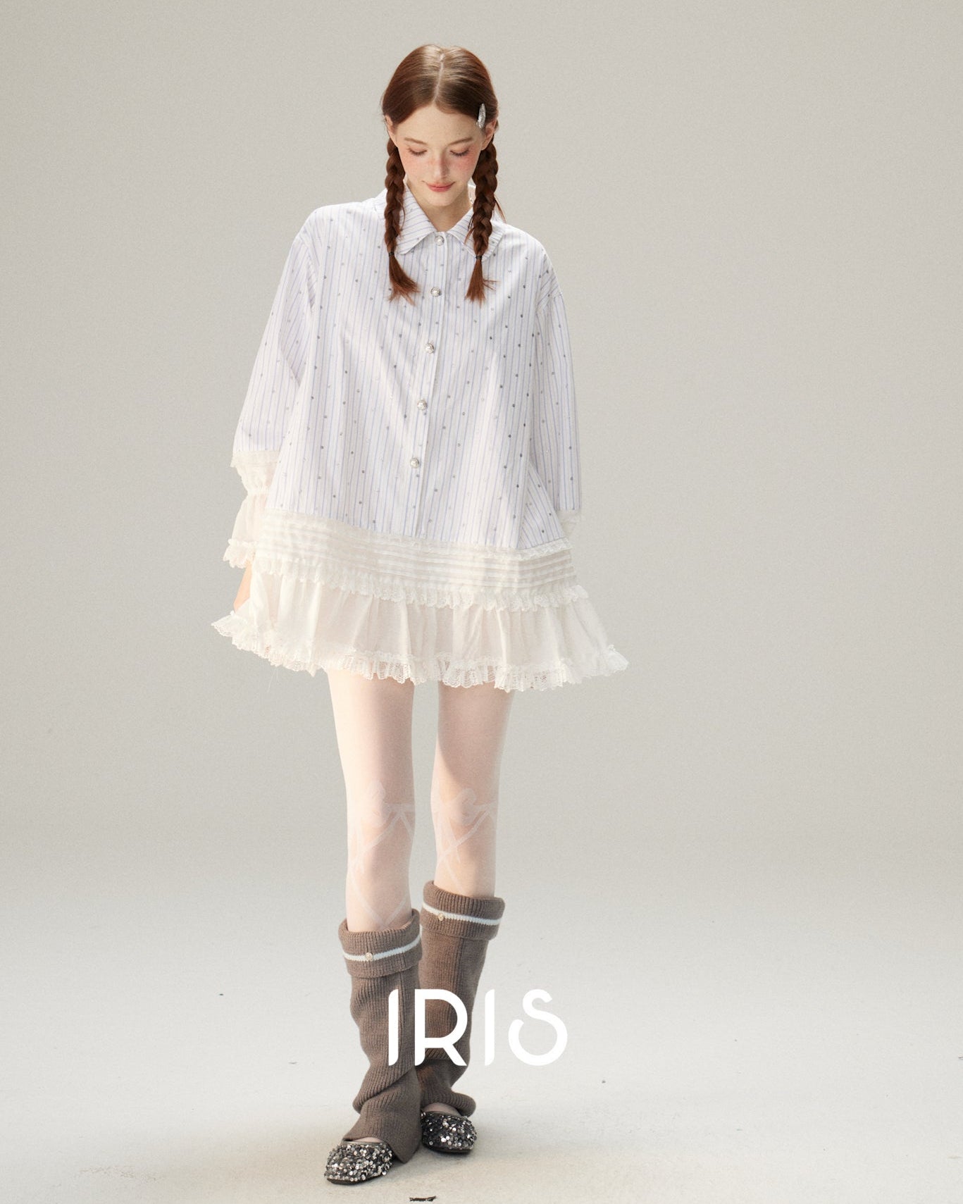 Tiered Lace Ruffle Shirt Dress - Cloud White & Heritage Stripe