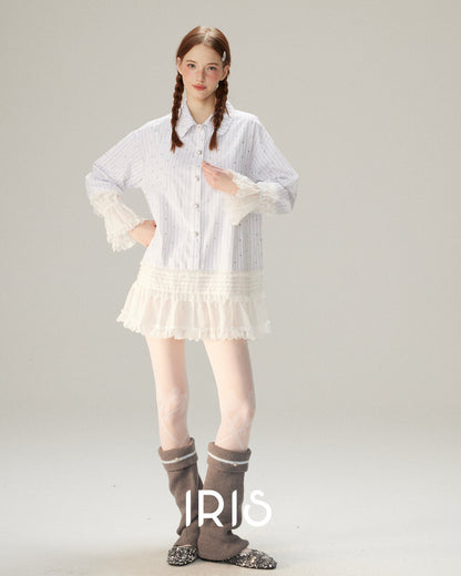 Tiered Lace Ruffle Shirt Dress - Cloud White & Heritage Stripe
