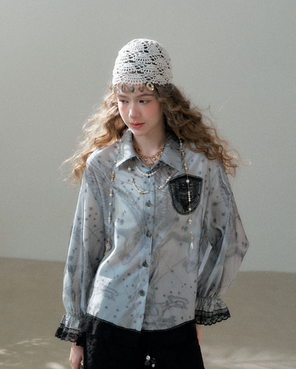 Vintage Bohemian Printed Shirt & Lace Embroidered Shorts Set