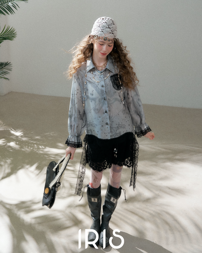 Vintage Bohemian Printed Shirt & Lace Embroidered Shorts Set