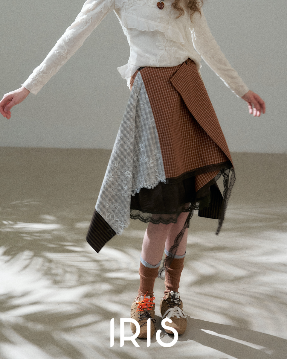Brown Check Lace Spliced Skirt