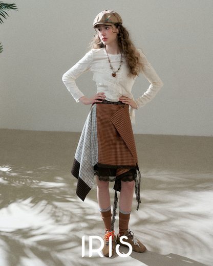 Brown Check Lace Spliced Skirt
