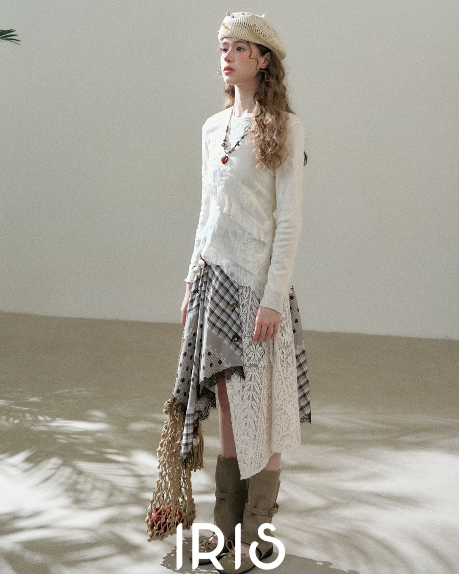 Embroidered Mesh Top & Patchwork Skirt Set