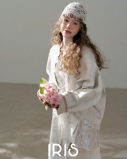 No.18 Dream “Unawakened Dawn” – Artisanal Lace Trim Shimmering Kimono Jacket