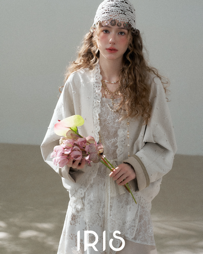 No.18 Dream “Unawakened Dawn” – Artisanal Lace Trim Shimmering Kimono Jacket