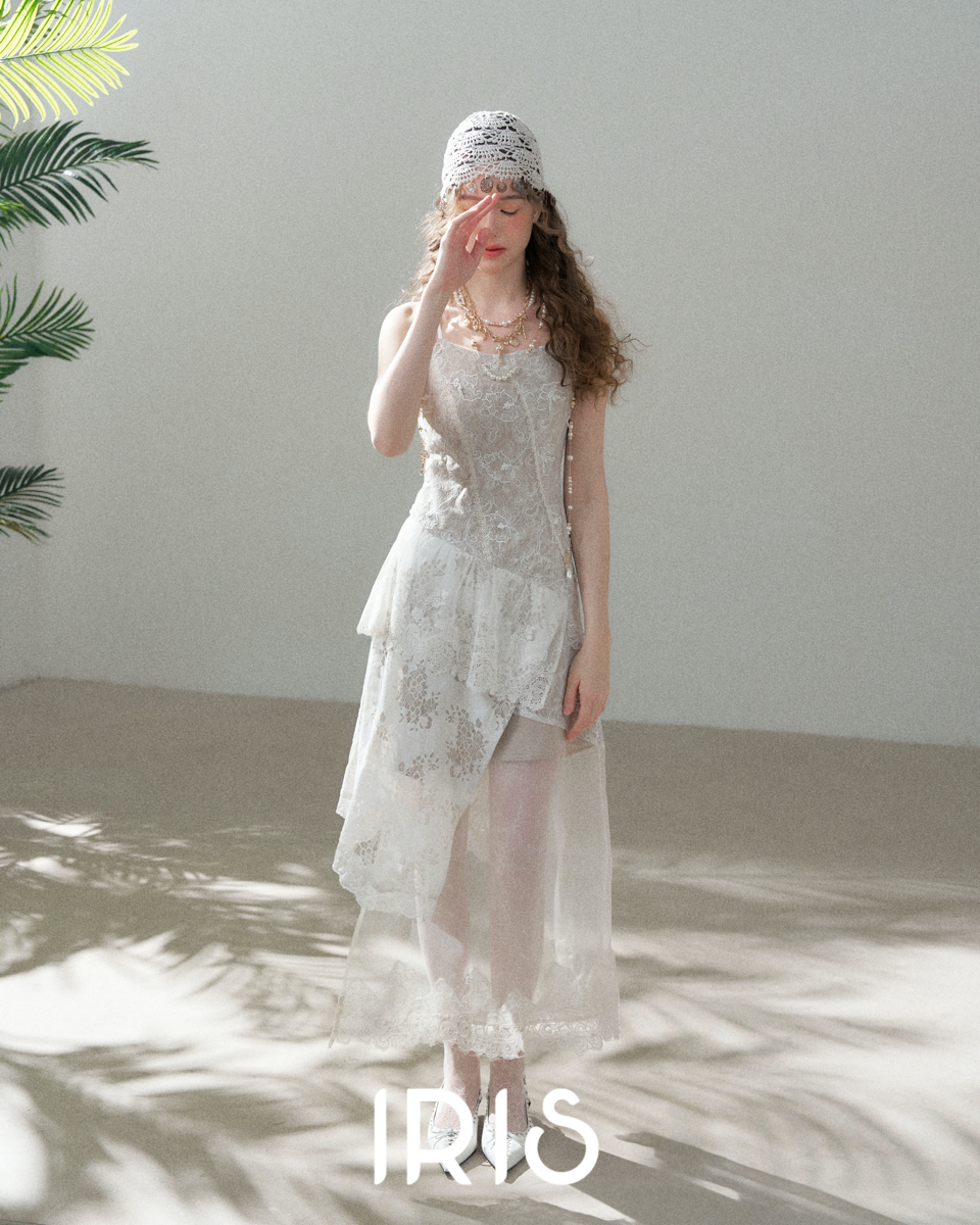 White Lace Spliced Asymmetric Dress