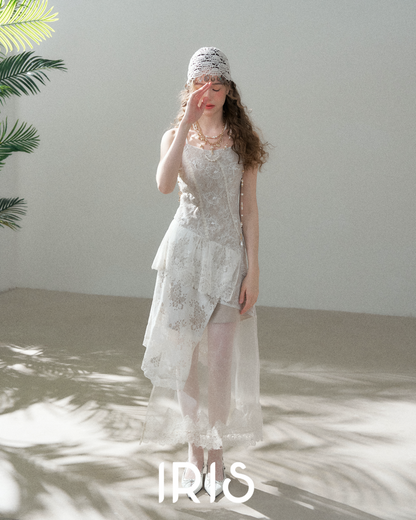 White Lace Spliced Asymmetric Dress