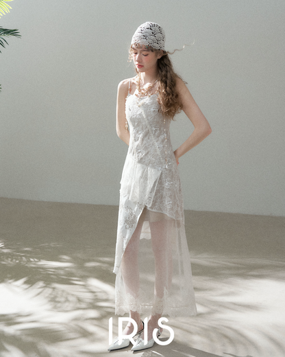 White Lace Spliced Asymmetric Dress