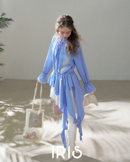 Soft Blue Asymmetric Ruffle Shirt Dress