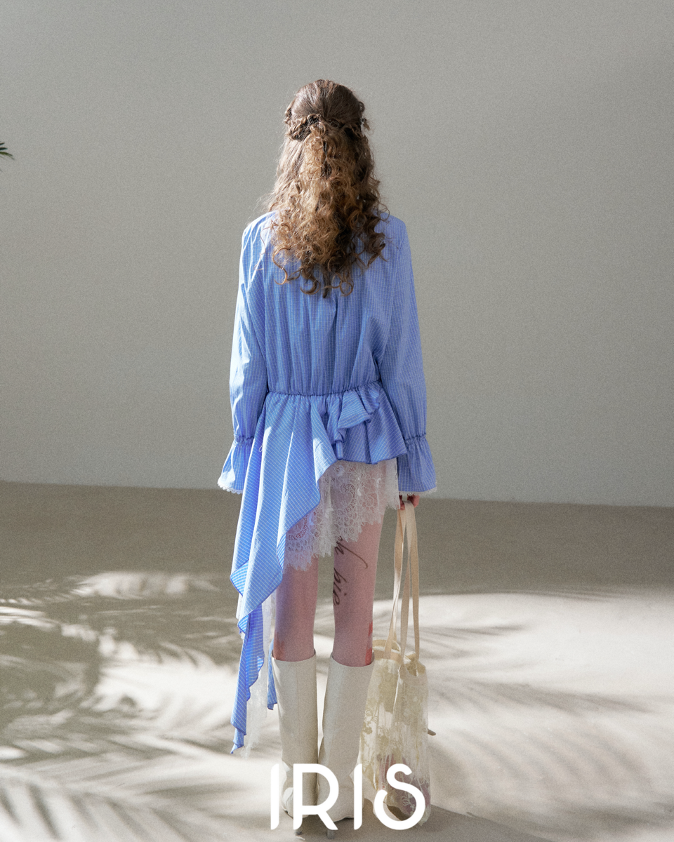 Soft Blue Asymmetric Ruffle Shirt Dress