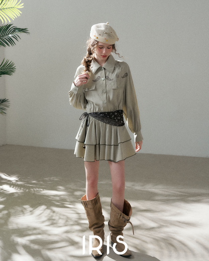Embroidered Waist Tie Shirt Dress – Grey