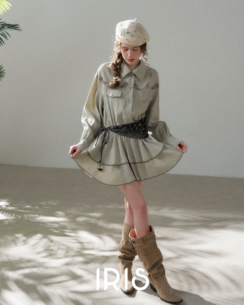 Embroidered Waist Tie Shirt Dress – Grey