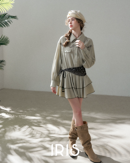 Embroidered Waist Tie Shirt Dress – Grey