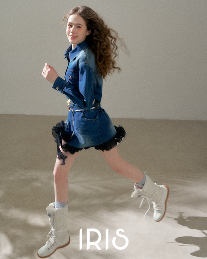 Denim Shirt Dress with Layered Dotted Gauze Hem