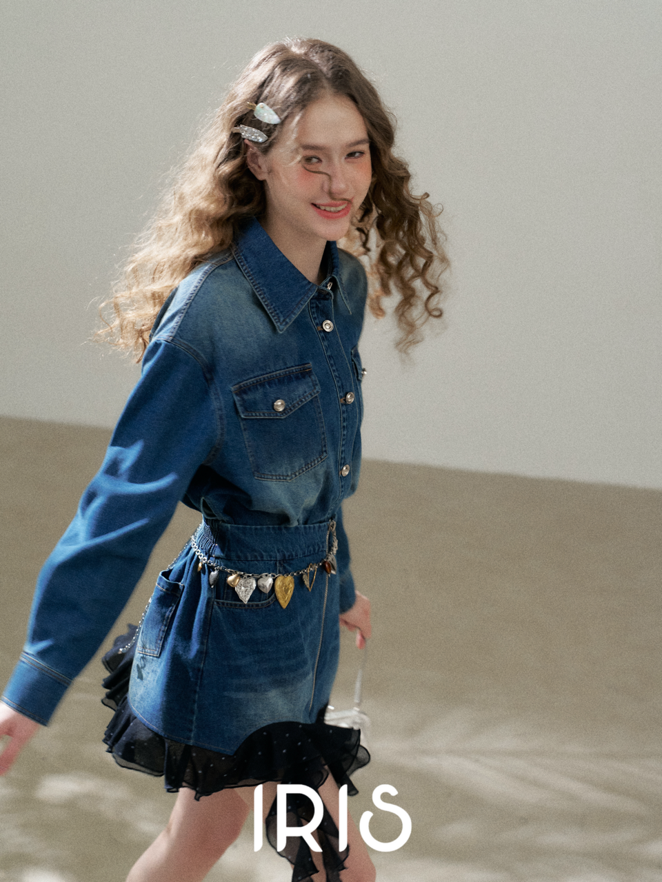 Denim Shirt Dress with Layered Dotted Gauze Hem