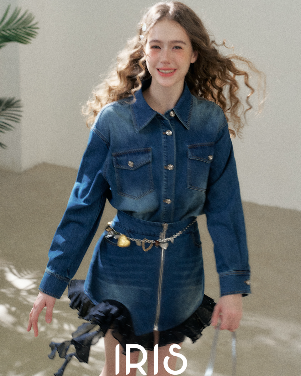 Denim Shirt Dress with Layered Dotted Gauze Hem
