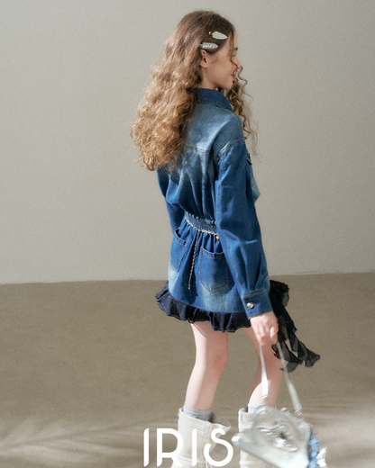 Denim Shirt Dress with Layered Dotted Gauze Hem