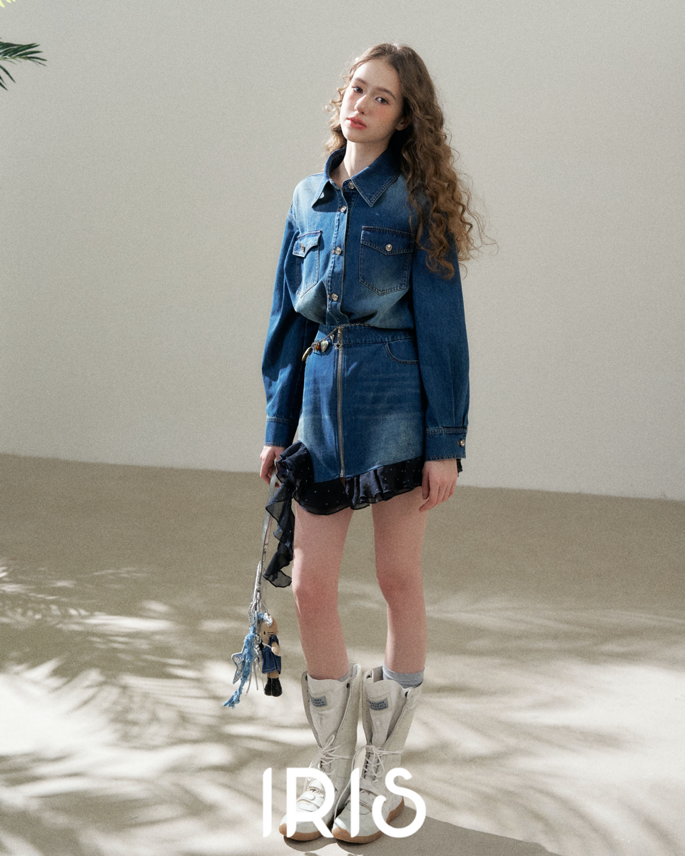 Denim Shirt Dress with Layered Dotted Gauze Hem