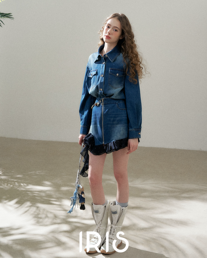 Denim Shirt Dress with Layered Dotted Gauze Hem