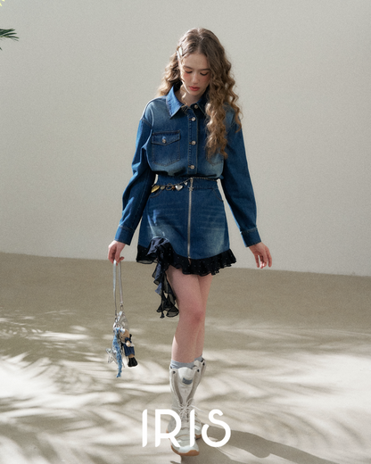Denim Shirt Dress with Layered Dotted Gauze Hem