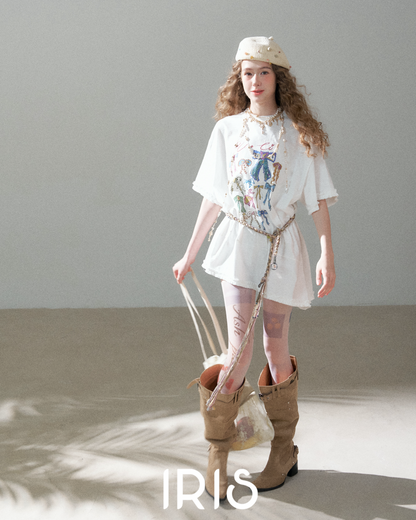 Ribbon Graffiti Oversized Tee - Arctic White, Heather Grey & Sky Blue