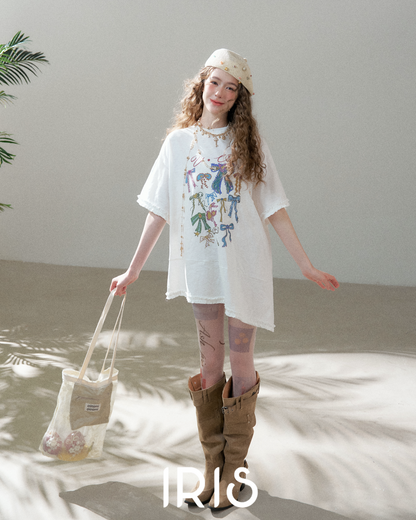 Ribbon Graffiti Oversized Tee - Arctic White, Heather Grey & Sky Blue