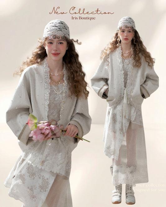 No.18 Dream “Unawakened Dawn” – Artisanal Lace Trim Shimmering Kimono Jacket