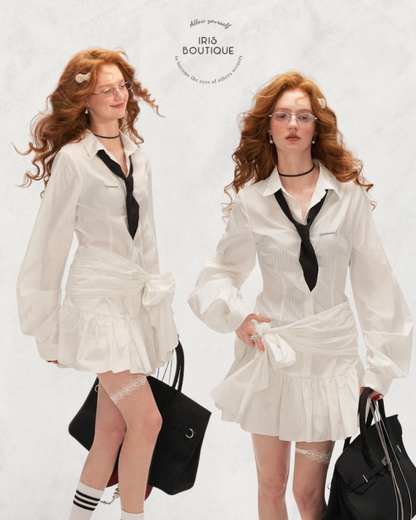 Draped Waist Ruffle Hem Shirt Dress